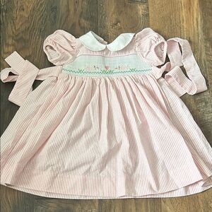 Vive la Fete Pink smocked seersucker girls dress with lamb Embroidery sz 18m